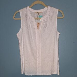 Les Serein Textured Dot V Neck White Sleeveless Top Size S